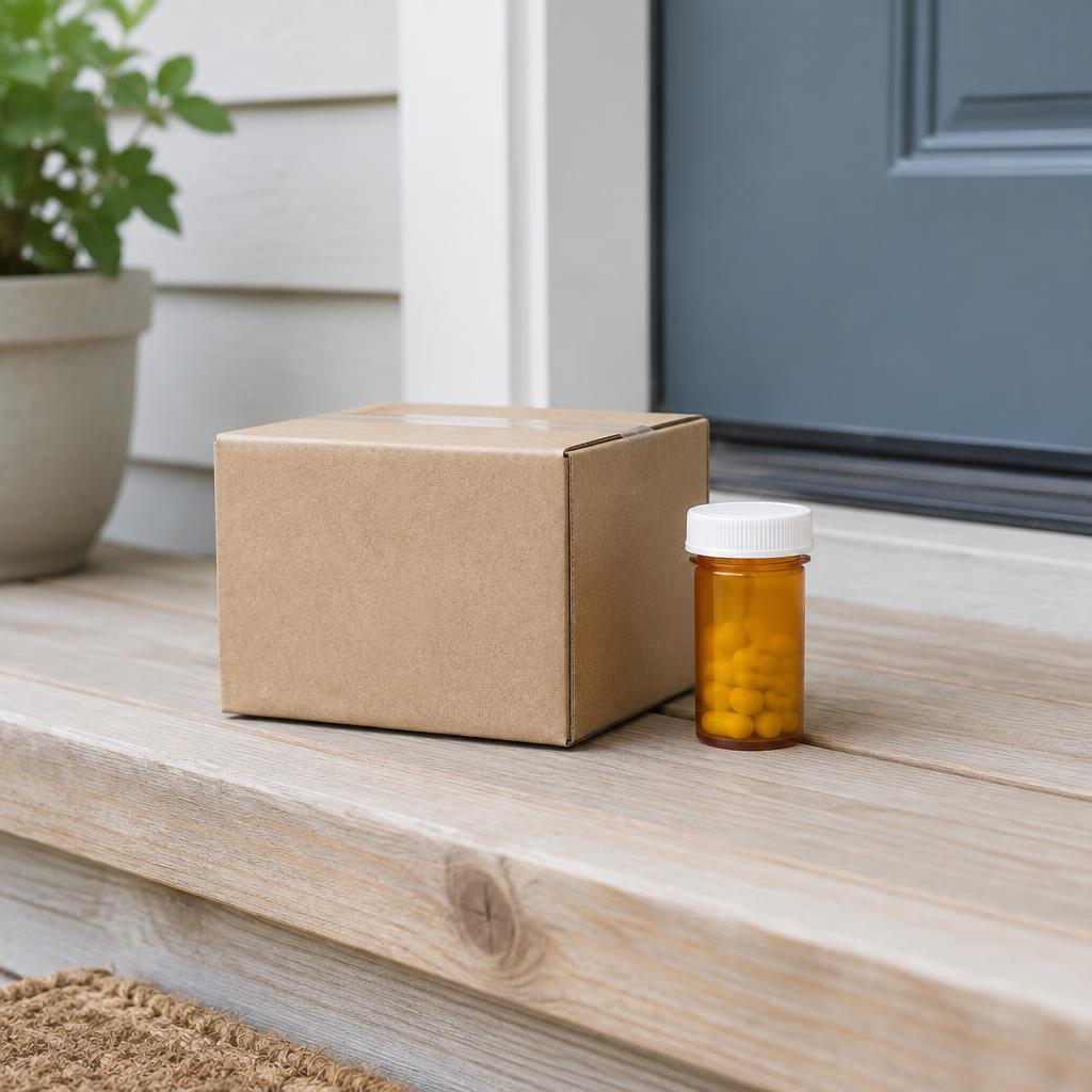 A plain, unbranded package and prescription bottle delivered to a doorstep
